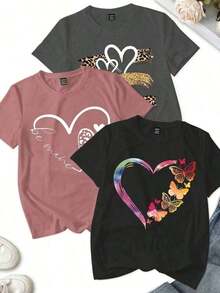 3 piezas Camiseta de mujer con combinación de estampado de leopardo y floral con forma de corazón, camisetas gráficas de verano para mujeres - Negro - Ver 6
