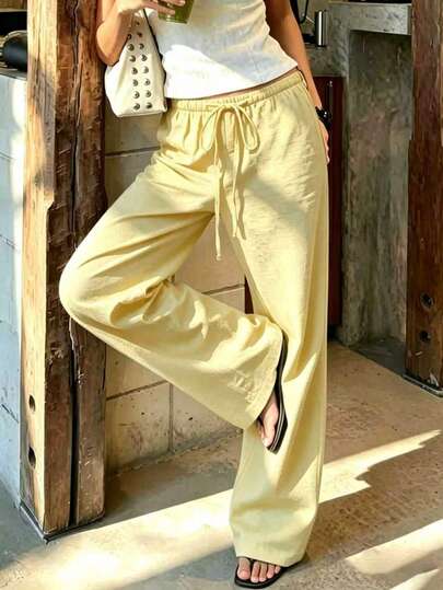1pc Solid Color Drawstring Casual Pants, Suitable For Airport, Brunch, Travel, Daily Wear, School, Sports, Vacation, Date, Home, Office, Summer
