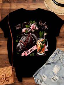 Camiseta "Talk Derby To Me" con diseño de caballo y cóctel para fiesta del Derby de Kentucky, top casual de moda para mujer, atuendo de primavera y verano, 200g, blusas elegantes para dama, tops de mujer - Negro - Ver 3