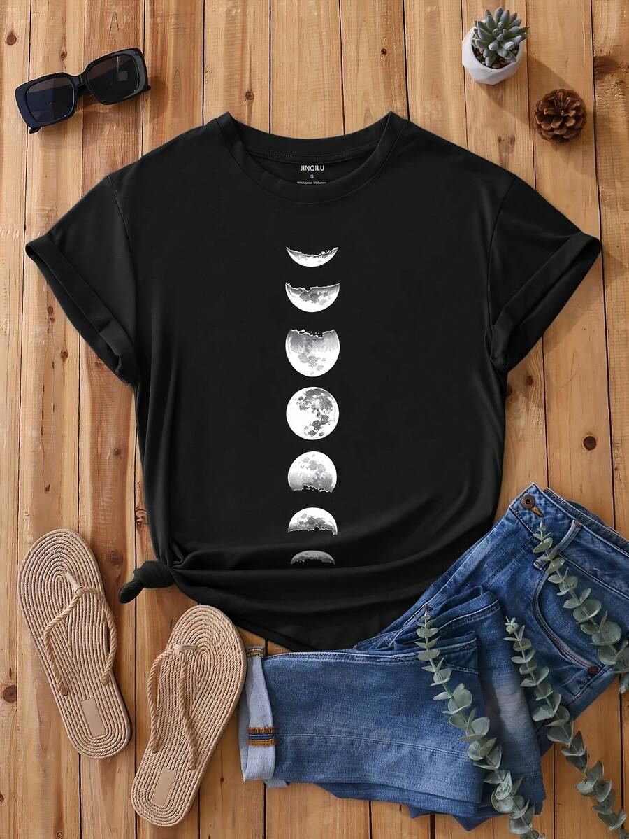Women's 100% Cotton T-Shirts 2026 Moon Print Crew Neck T-Shirt, Casual Short Sleeve T-Shirt For Spring And Summer, Korean Style Women's Clothing - Black - View 1