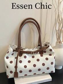 Bolsa tote feminina de grande capacidade com estampa de bolinhas e alça marrom, em PU, lançamento da primavera. - Castanho - Ver 8