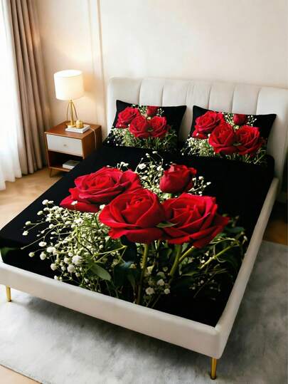 1 pieza Sábana ajustada con patrón romántico de rosa roja, flor gótica y gipsófila, protector de colchón suave, amigable con la piel y antideslizante, adecuado para cama individual/doble/queen/king, lavable a máquina, ideal para decoración de dormitorio