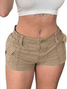 Women Cargo Shorts Solid Color Vintage Elastic Casual Summer Low Waist Shorts With Pockets For Nightclub Streetwear - 卡其色 - 查看 1