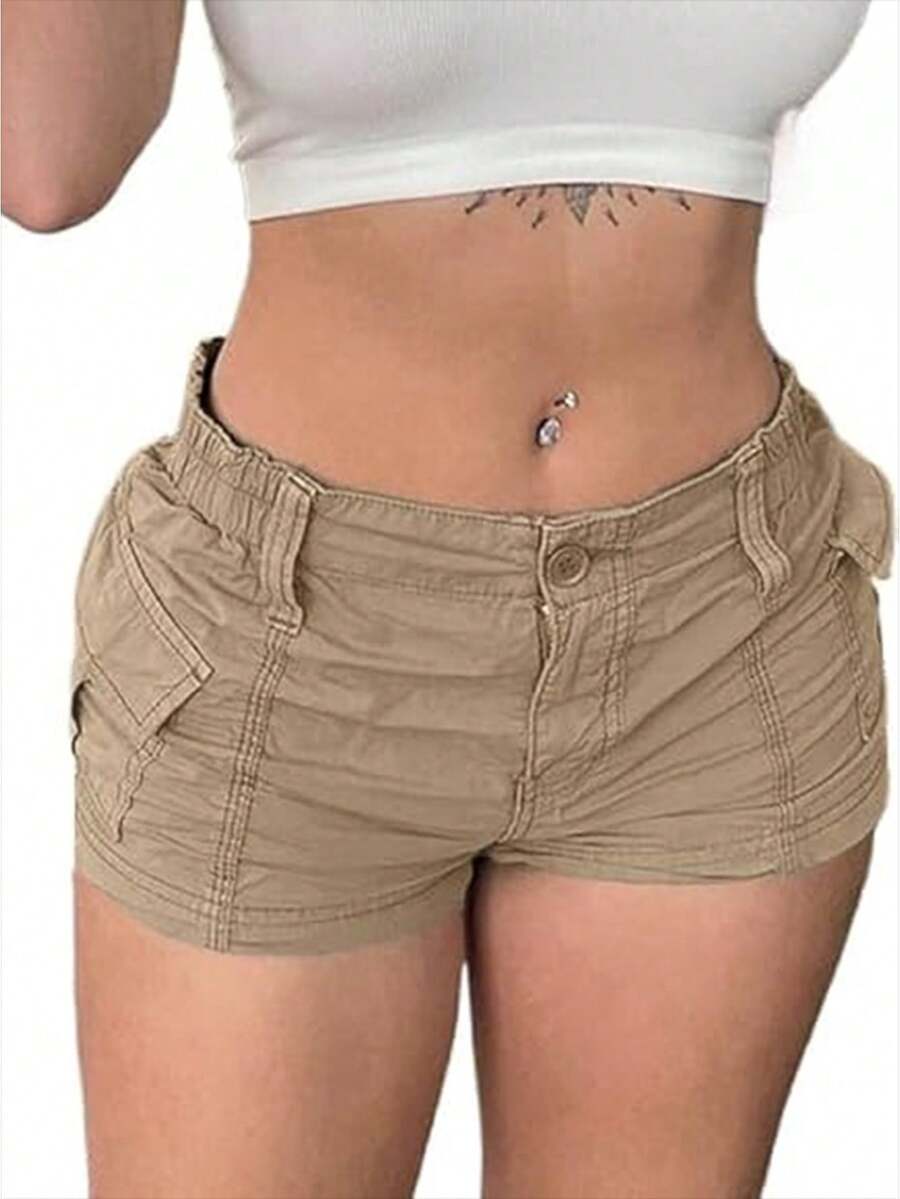 Women Cargo Shorts Solid Color Vintage Elastic Casual Summer Low Waist Shorts With Pockets For Nightclub Streetwear - 卡其色 - 查看 1