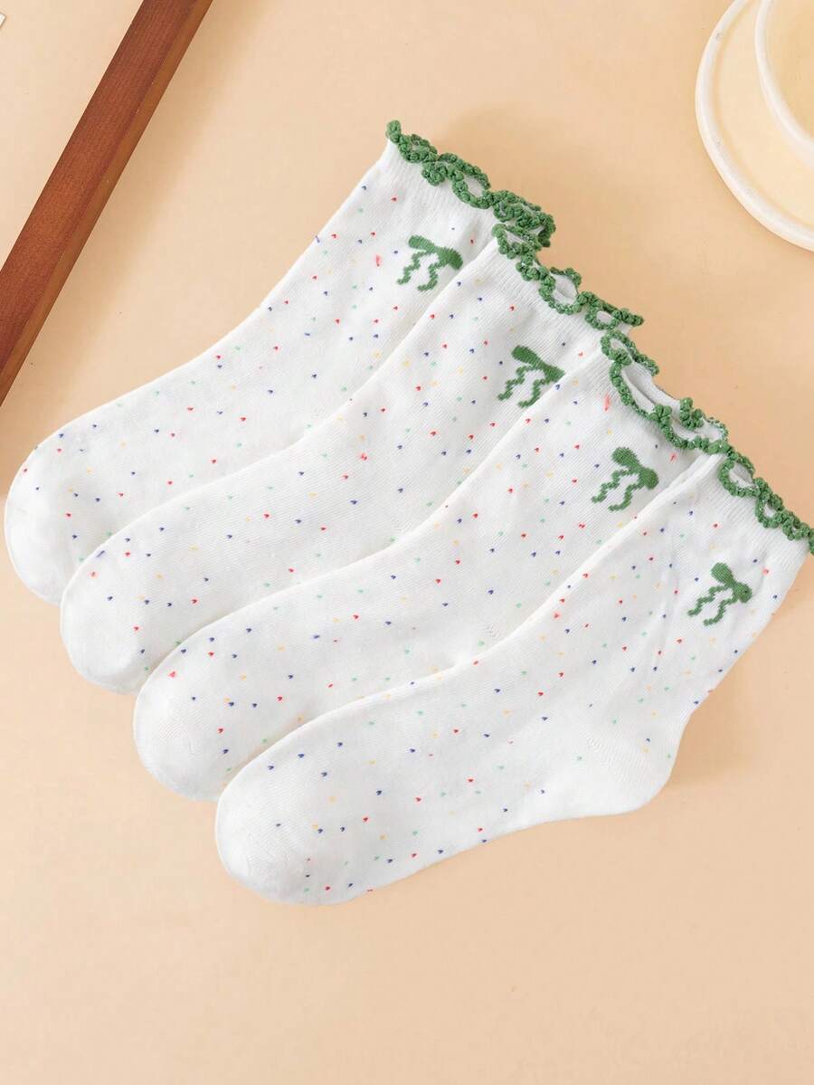 4 pares de calcetines de media caña, unisex, con adorno de lazo verde y volantes, transpirables, primavera/verano - Verde - Ver 1