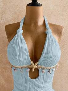 Vestido mini ajustado con cuello halter y detalle de retorcido en blanco, con accesorios metálicos, decoración de conchas, para playa y resort de vacaciones, atuendo de verano - Azul - Ver 4