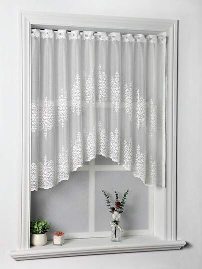 1pc White Lace Jacquard Curtain, Geometric Pattern Partition Curtain/Small Window Curtain, Suitable For Living Room, Bedroom, Dining Room Small Windows And Door Decoration