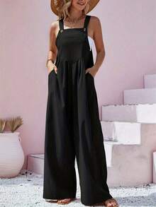 Women's Casual Solid Color Button Strap Wide Leg Jumpsuit, Spring/Summer Black Elegant - 黑色 - 查看 1