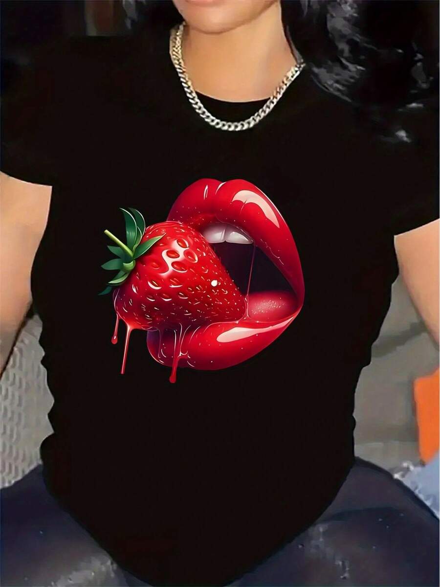 Short-Sleeved T-Shirt With Strawberry Lips Design | Durable And Comfortable, Ideal For Casual Meals And Everyday Wear, Lightweight Fabric Top, Round Neck, Medium Elasticity - 黑色 - 查看 1