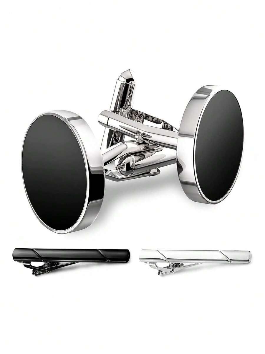 Conjunto de Abotoaduras e Presilha de Gravata Masculino, Abotoaduras Redondas Pretas Clássicas com Revestimento de Prata, 2 Presilhas de Gravata Pretas e Prateadas, Acessórios Formais de Terno para Negócios, Casamento, Aniversário, Presentes para o Dia dos Pais - Multicolorido - Visão 1
