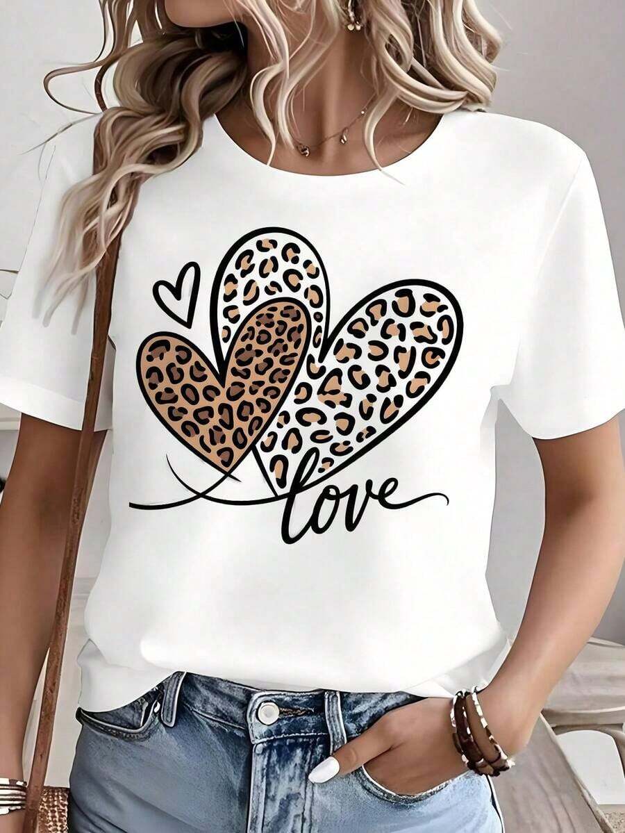Women's White T-Shirt With Three Leopard Hearts, Short Sleeve T-Shirt With "Love" Slogan, Chic Animal Print Modern Top, Casual Urban Fashion Blouse For Everyday Wear - 白色 - 查看 1