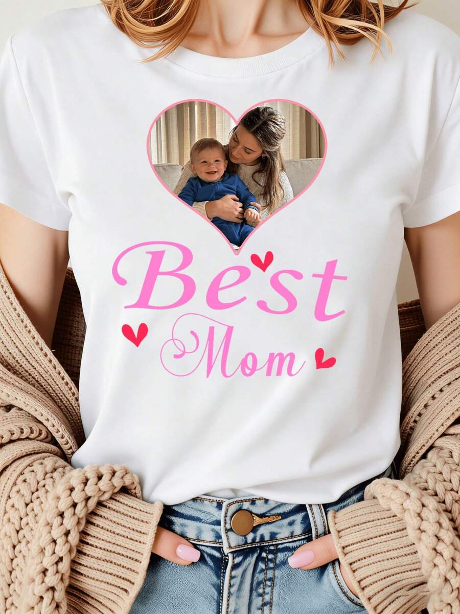 GiftGiftYouth Casual Graphic T-Shirt, Custom Photo Design T-Shirt, Mom And Love Heart - Soft And Breathable Short Sleeve T-Shirt For Summer/Spring, Personalized Mother's Day Gift, Family Keepsake, Comfortable Crew Neck T-Shirt For Women, Mother's Day T-Shirt, Gifts For Mom/Family, Stylish T-Shirt, Soft. - 白色 - 查看 1