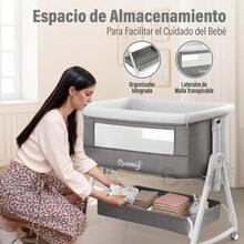 Cuna Colecho Ajustable con Función Mecedora, Mosquitero Retráctil y Ruedas con Freno - Gris - Ver 6