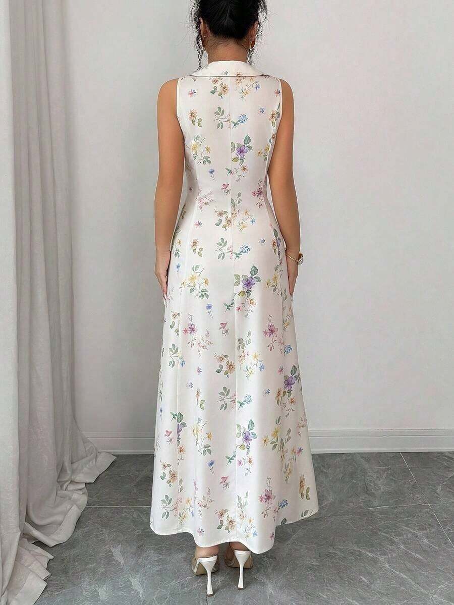 BNKK Vestido de línea A con solapa, abierto por delante y cintura, con estampado floral diminuto, elegante para vacaciones, primavera/verano para mujer - Multicolor - Ver 1