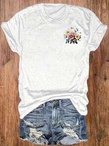 Camiseta com estampa gráfica, manga curta e gola redonda, blusa casual para o verão e a primavera, roupas femininas, blusas femininas. - Preto - Ver 3