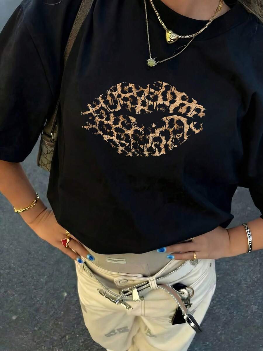 Camiseta de mujer estampada de manga corta para verano, tela de poliéster, estilo multifuncional, corte regular, peso 180 gramos, 1 unidad. - Negro - Ver 1
