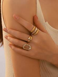 Nhẫn hở bằng thép không gỉ mạ vàng 18K, đính đá Cubic Zirconia, thiết kế hình elip xoắn hình học, chiếc nhẫn độc đáo dành cho nữ. - Vàng - Xem 3