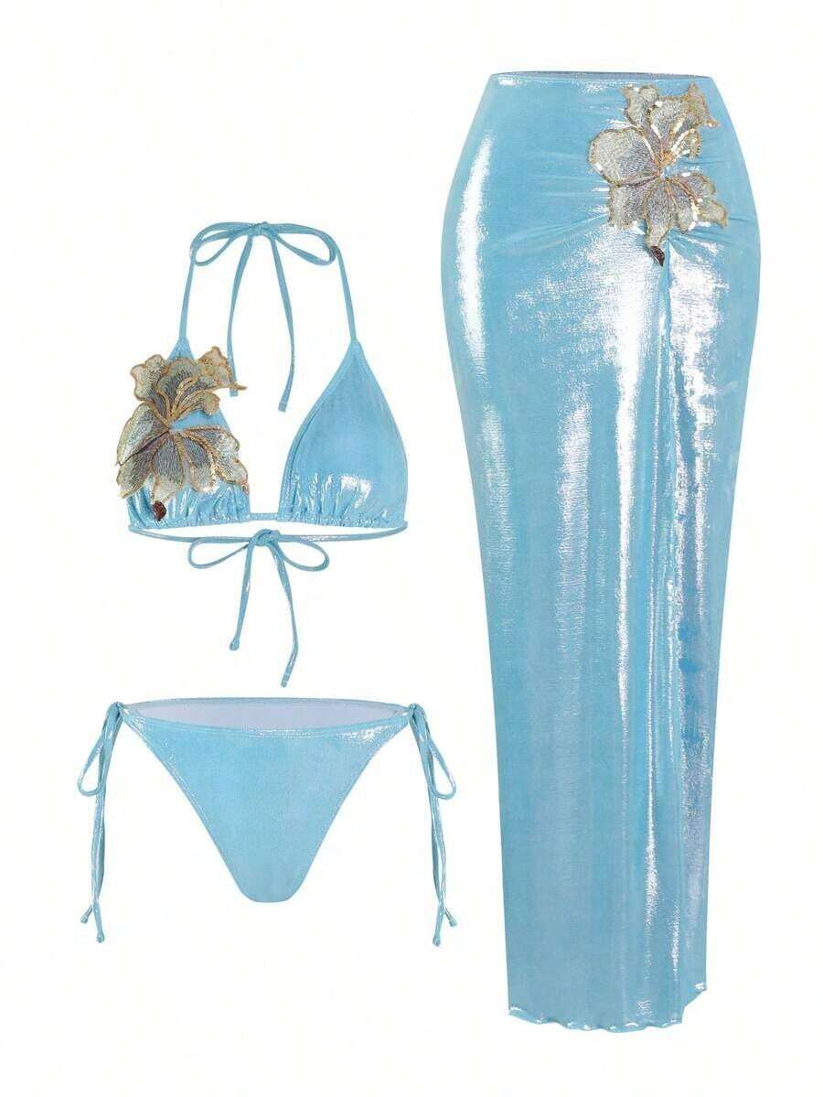 Swim Oasis 3pcs/Set Summer New High-End Shiny Fabric Sequin Embroidery Floral Triangle Bikini Push-Up Swimwear One-Piece Swimwear For Women - 藍色 - 查看 1
