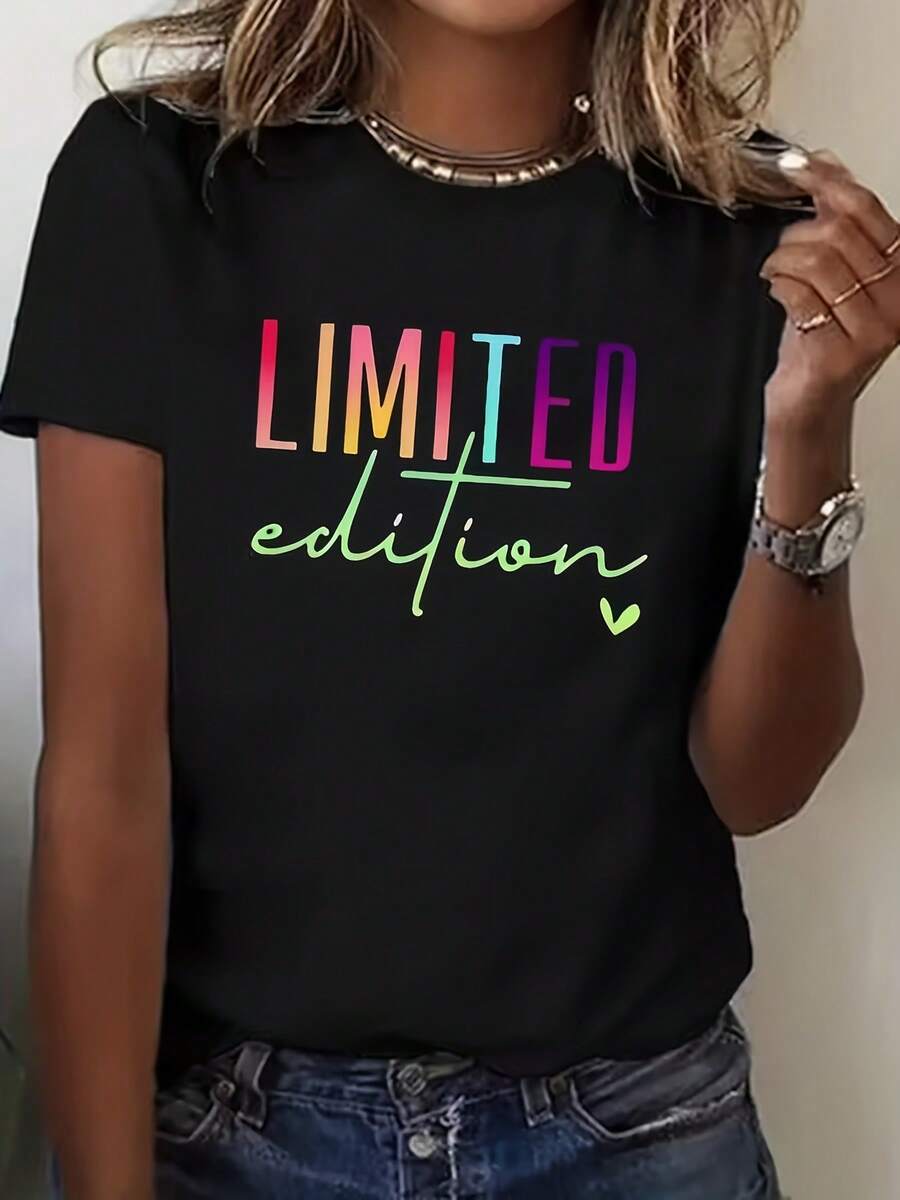 Limited Edition Women's Short Sleeve T-Shirt With Comfortable Crew Neck, Ideal For Casual Holidays, Slightly Loose Fit, Casual T-Shirt For Women - 黑色 - 查看 1