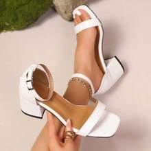 Giày sandal cao gót dự tiệc cưới mùa hè, kiểu dáng gợi cảm, quai cài, mũi vuông, chất liệu da mềm, gót dày, màu trắng, sandal cao gót tối giản thanh lịch dành cho nữ. - trắng - Xem 5