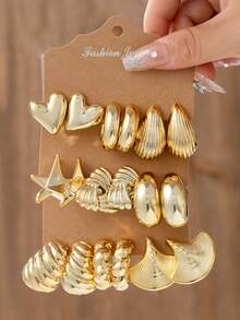 2-6-18pcs Gold Tone Fashion Earrings Set For Women. [Heart, Smooth C-Hoop, Vertical Striped Shell, 3D Pentagram, Braided Shell Triangle, Moon, Crescent Shell, Twist Design] Suitable For Shopping, Short Trips, Dates, Afternoon Tea, Beach Vacations, Long Journeys. Versatile Outfit Accessory. - Gold - View 1