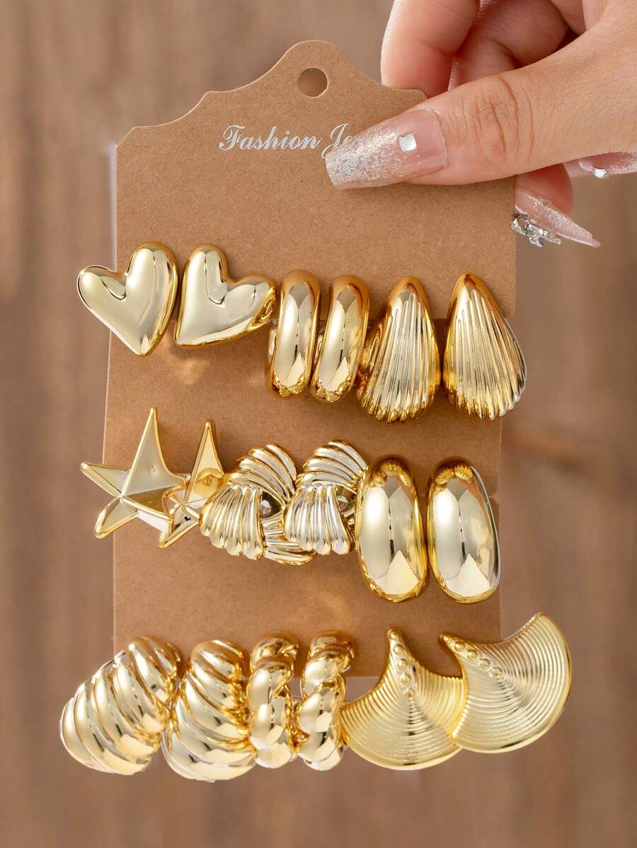 2-6-18pcs Gold Tone Fashion Earrings Set For Women. [Heart, Smooth C-Hoop, Vertical Striped Shell, 3D Pentagram, Braided Shell Triangle, Moon, Crescent Shell, Twist Design] Suitable For Shopping, Short Trips, Dates, Afternoon Tea, Beach Vacations, Long Journeys. Versatile Outfit Accessory. - Gold - View 1