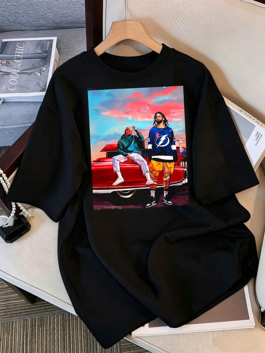 J Cole And Kendrick Art T-Shirt, Soft Unisex Piece-Dyed, Comfortable Color - Black - View 1