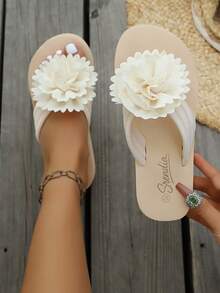 Sandal Jepit Wanita Motif Bunga Warna Polos untuk Liburan, Sandal Thong Datar untuk Pantai & Rumah, Musim Semi/Panas - Bunga Kamelia Krem - View 6
