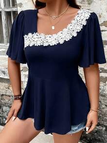 Camisa de estilo europeo y americano para mujer, Tops informales con cuello de volantes, ropa curva, talla grande, Verano - Azul marino - Ver 4