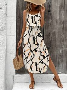 Vestido de verano con tirantes finos para mujer con cinturón y abertura lateral - Vestido fluido informal sin mangas - Marfil - Ver 5