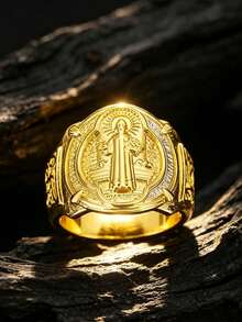 1pc Luxury Fashion Ring, Copper Gold St. Benedict Exorcism Ring, Men's Hip Hop Rapper Jewelry, Suitable For Wedding Gift - Yellow Gold - View 8