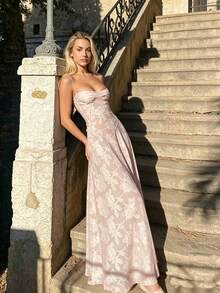 Sexy See-Through Fishbone Strap Ditsy Floral Bodycon Dress, Elegant & Fashionable For Women, Suitable For Graduation, Beach Vacation - Pink - View 8