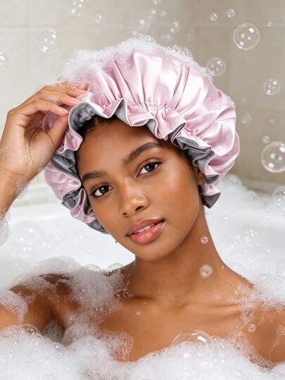 Double Sided Pink & Grey Reversible Satin Bonnet, Double Layer Extra Large Silk Sleep Cap For Curly Hair, Elastic Hair Bonnet For Women Night Sleeping, Breathable Reversible Sleep Bonnet With Ruffled Edge
