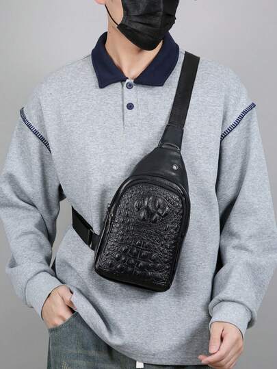 Men's High-End Chest Bag/Crocodile Texture/Genuine Leather/Shoulder Sling Bag/Headphone Compartment/Large Capacity/Water-Resistant/Multi-Compartment/Business/Fashion/Avant-Garde/Punk/Retro/Gift For Holidays/Father/Boyfriend/Unisex Small Bag/Chest Bag
