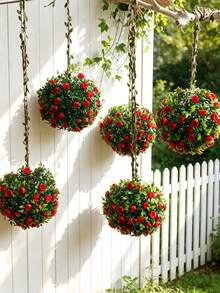 1pc Artificial Rose Flower Ball Hanging Planter, Decorative Faux Greenery With Jute Rope, Bohemian Style Indoor Hanging Decor, Suitable For Living Room, Bedroom, Garden, Farmhouse Home Decor, Indoor Planter, Elegant Flower Ball Hanging Ornament, Ideal For Wedding Or Party Decoration, Great For Balcony, Patio And Window Hanging - Style a - View 4