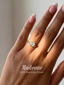 MADEONE 1 pieza Anillo de cóctel minimalista con forma ovalada, elegante, de oro rosa, con piedras preciosas engastadas, adecuado para uso diario y ocasiones formales - Dorado - Ver 2