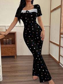 2pcs Lace Heart Trim Ribbed Sexy Lingerie Set, Fashionable Lace Trim Short Sleeve & Long Pants Casual Sleepwear Set, Spring/Summer/Autumn - Black - View 3