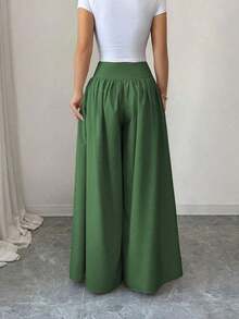 Nuevos pantalones anchos de mujer de estilo casual y elegante con diseño de hebilla floral, pantalones largos de lino de color caqui adecuados para primavera/verano, Acción de Gracias, Halloween, pantalones anchos y sueltos versátiles, pantalones - Verde - Ver 2