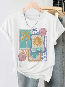 Camiseta de manga corta con cuello redondo para mujer, estilo vintage, nueva colección primavera/verano 2026, con estampado tropical de palmeras, sol, conchas y estrellas de mar, estilo retro desgastado, top casual, tejido de punto suave, ropa de mujer de alta calidad. | Diseño Divertido y Original | Adecuado para uso diario en primavera, verano y otoño. | Top divertido y rejuvenecedor de la marca topFashion - Albaricoque - Ver 9