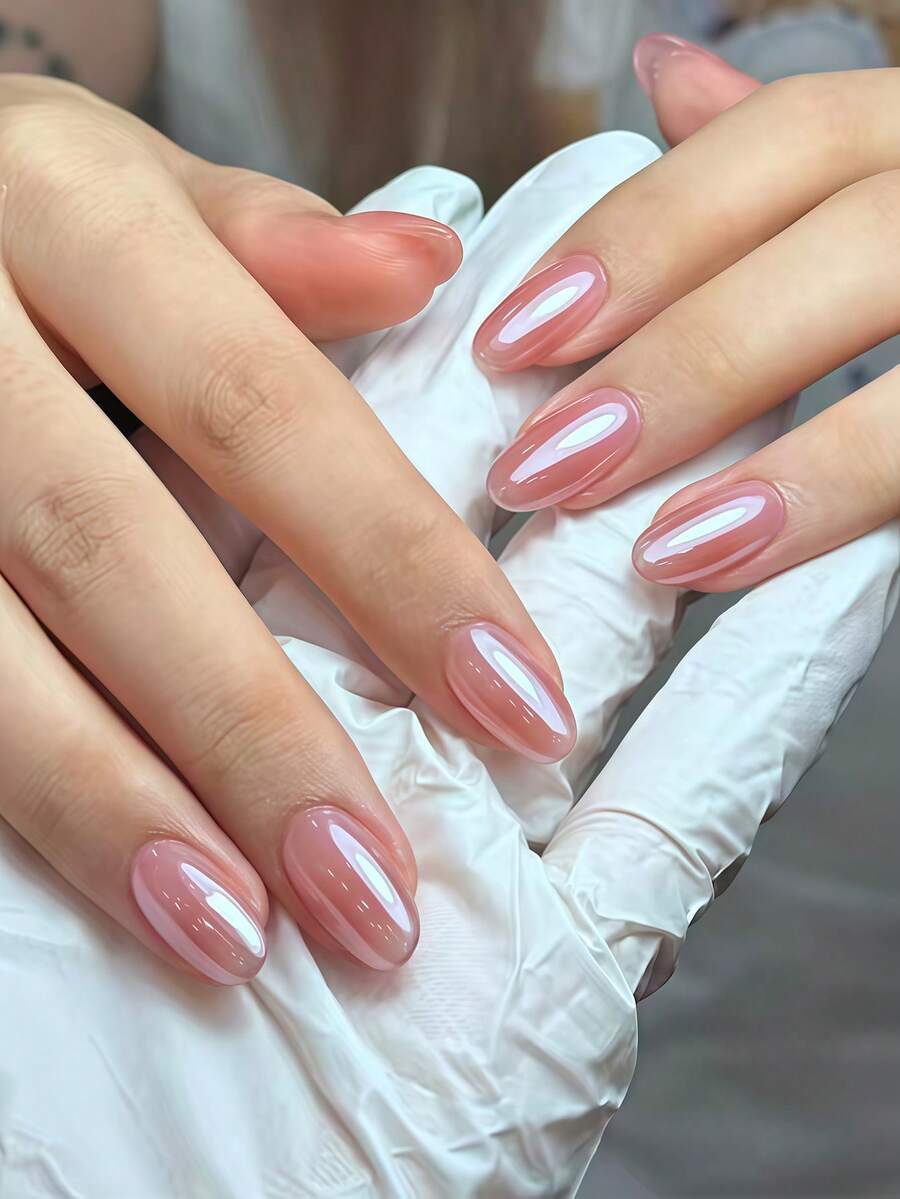 24片短椭圆形美甲贴纸,简约珠光可爱粉色全覆盖假指甲,适合女性和女孩,夏季派对、办公室日常佩戴,包含1张贴纸和1个迷你指甲锉,随机赠送果冻胶。 - 彩色 - 查看 1