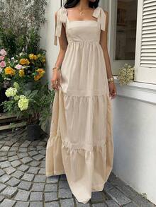 Vestido largo con correa de espagueti de cintura alta, escote cuadrado, sin mangas y espalda descubierta con cordón, a rayas azules, de estilo sexy y de vacaciones, para primavera/verano - Caqui - Ver 5