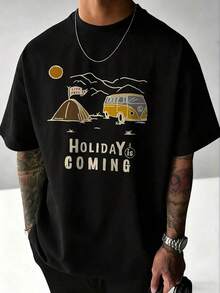 T-Shirt With A Camp, RV, And Mountain Print, Perfect For Vacation And Outdoor Looks, Ideal For Casual And Travel Outfits. Comfortable Oversized Fit, Perfect For Pairing With Jeans And Shorts. - Black - View 1