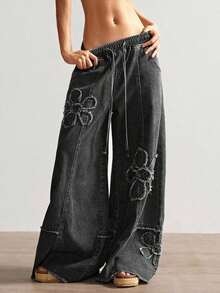 Jeans de pierna ancha de unicolor casual para mujer - Negro - Ver 8