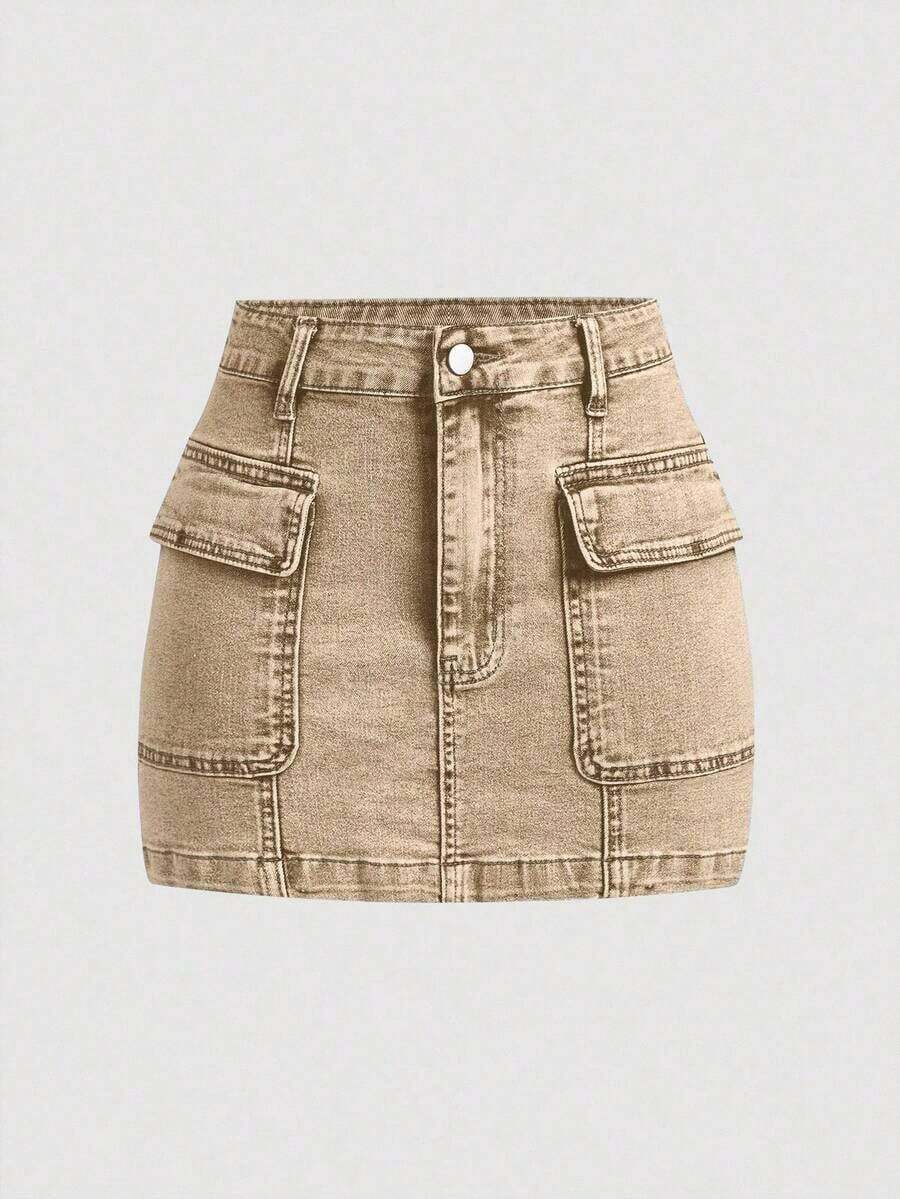 Minifalda de mezclilla cargo con bolsillo tipo flip de moda callejera casual de verano para mujeres - Caqui - Ver 1