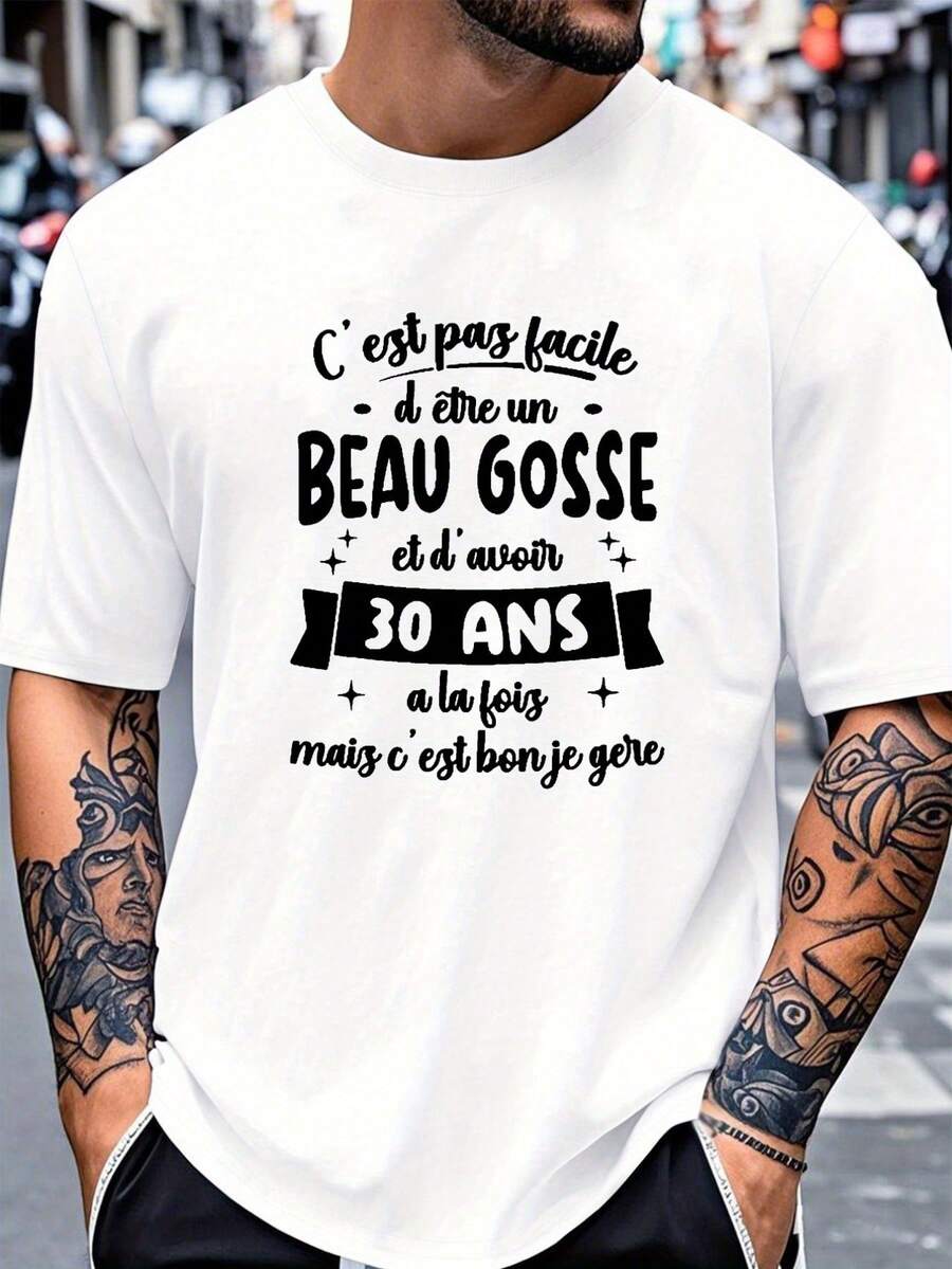 French T-Shirt For Men, Casual, For 30th Birthday, With Print, Loose And Comfortable For Summer. - White - View 1