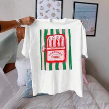 Camiseta de mujer de verano, nueva, con estampado de patrón de pescado salado a rayas, de manga corta y cuello redondo, para comercio transfronterizo europeo y americano. - Blanco - Ver 9