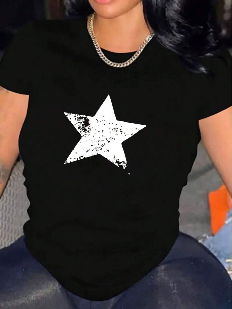 Women's Casual Short Sleeve T-Shirt, 1 Piece, 100% Thick Cotton - Comfortable Round Neck, Soft And Cute Top - Unisex, Suitable For Casual Daily Outings, Short Sleeve Summer Top, Retro Y2K Print T-Shirt. - 黑色 - 查看 1