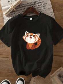 Women's T-Shirt, 26 Styles, 0108, Red Panda, Round Neck, Short Sleeve, Fashion Print, Half Sleeve Top, Elastic T-Shirt - 黑色 - 查看 6