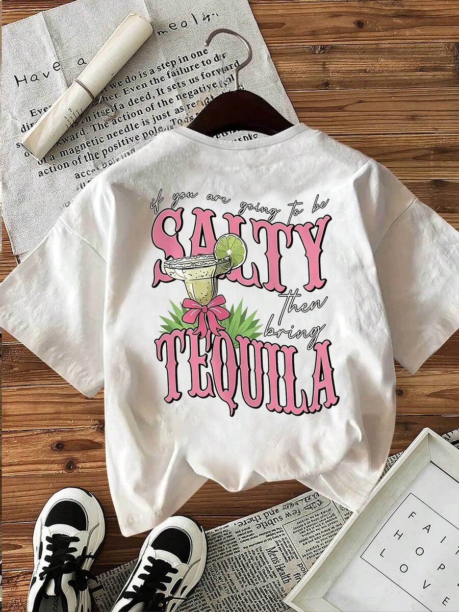 女款 T 恤 -「Salty Tequila Trail」圖案印花 - 白色 | 可機洗 | 春夏上衣 | 度假 T 恤 - 白色 - 查看 1