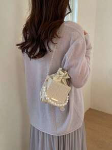 Fashionable Pearl Embossed Drawstring Box Crossbody Bag, Pearl Bag - 卡其色 2 - 查看 6